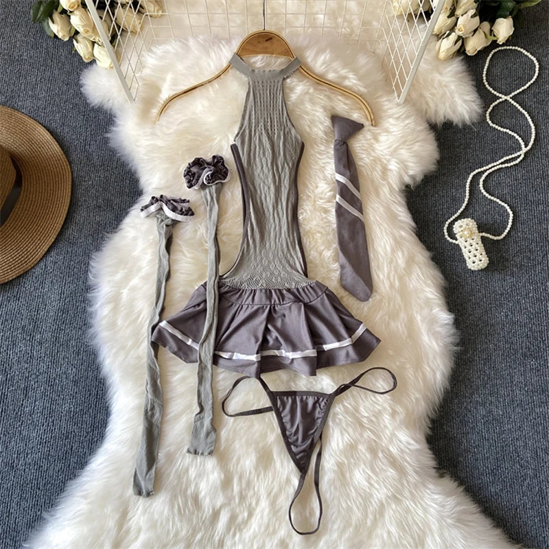 Sexy Lace Gauze Patchwork Strap Bodysuit Hollow Sleeveless Slim backless Women Erotic Lingerie Hotsweet Bow Night Maid Cosplay