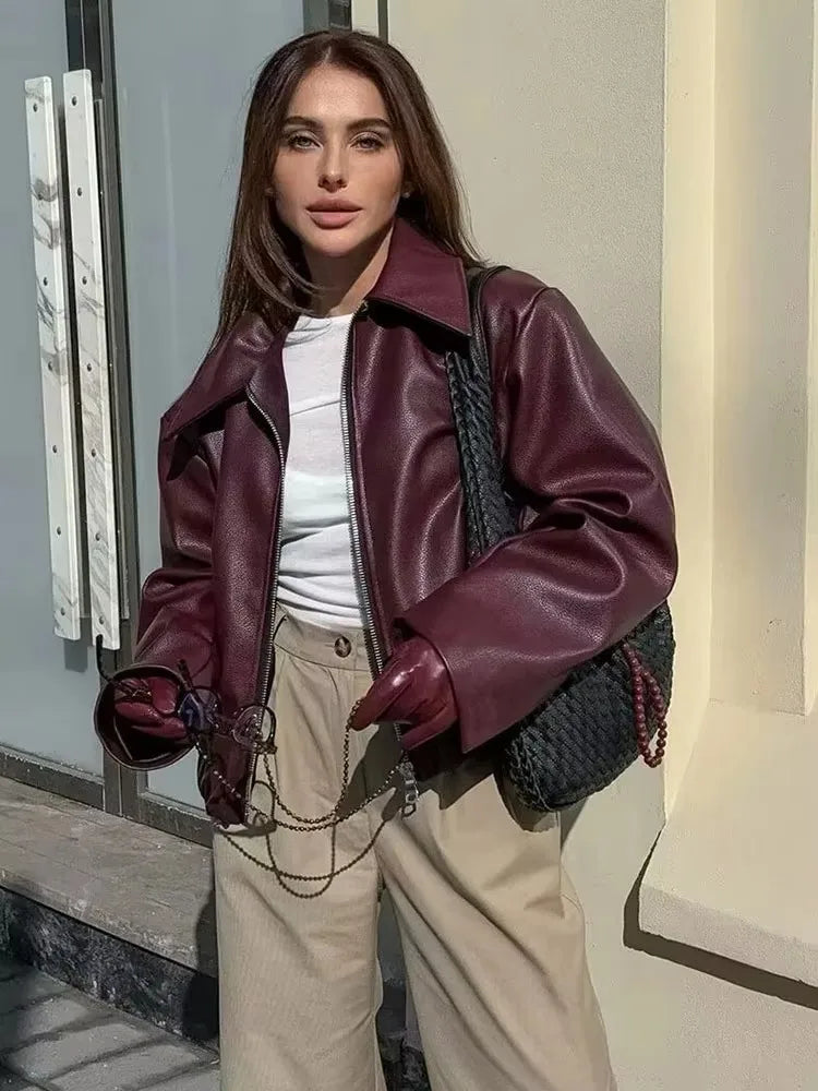 HH Wine Red Faux Leather Jakcet Fashion Outerwear Thicken Zipper Lapel Pu Coats Autumn Winter Streetwear Ladies Tops Women