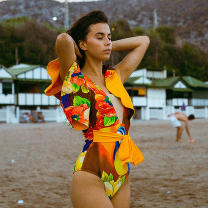 2025 New Sexy V-Neck One Piece Swimsuit Belt Swimwear Women Ruffle Monokini Push Up Swim Suit Colorful Bathing Suit Female Beach