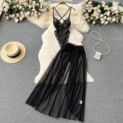 Sexy Lace Gauze Patchwork Strap Bodysuit Hollow Sleeveless Slim backless Women Erotic Lingerie Hotsweet Bow Night Maid Cosplay