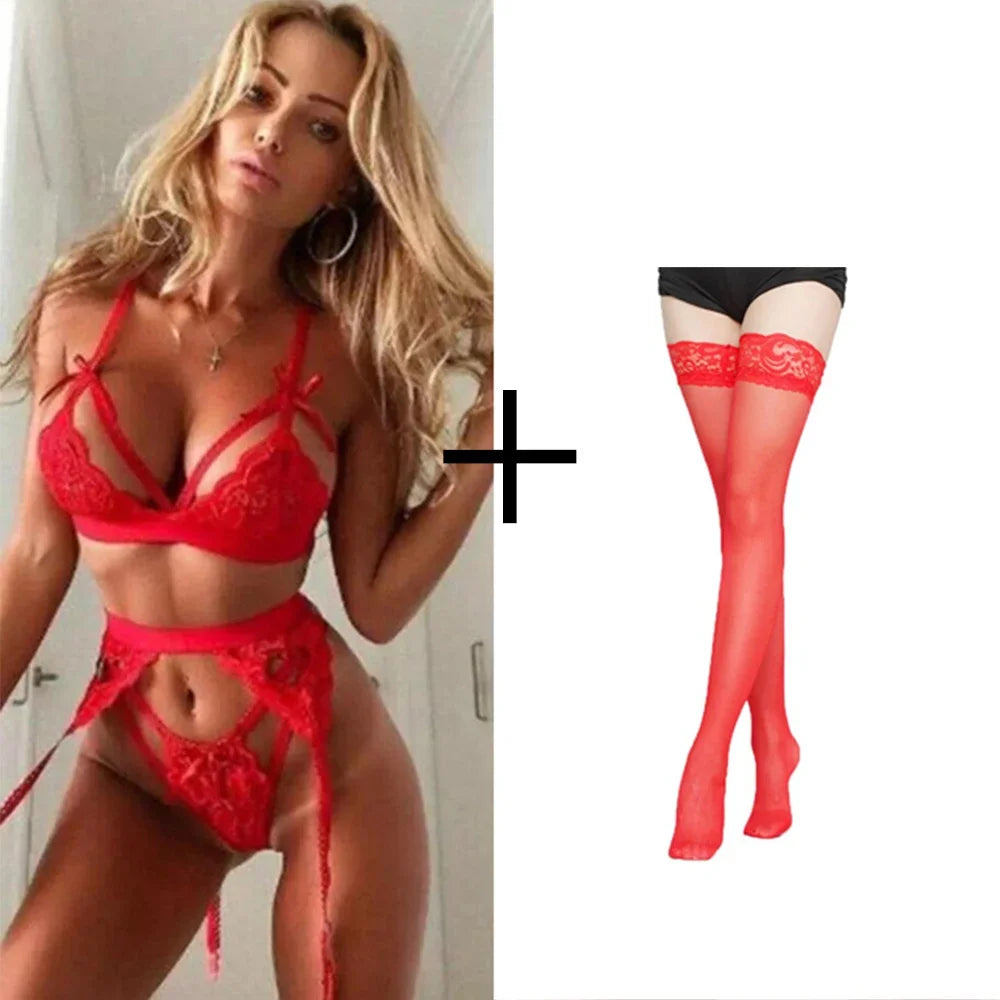 Erotic Lingerie Ladies Sexy Lingerie Exotic Clothing Sexy Hot Bra Panties Underwear Set Intimate Hollow Red Garter Underwear Set