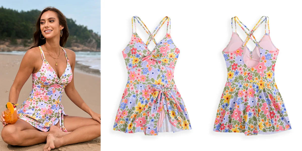 Floral Print Dress Swimsuit Women's One Piece Bikini Monokini Beach Vacation V-neck Suspender Backless Swimwear 2025 Summer New