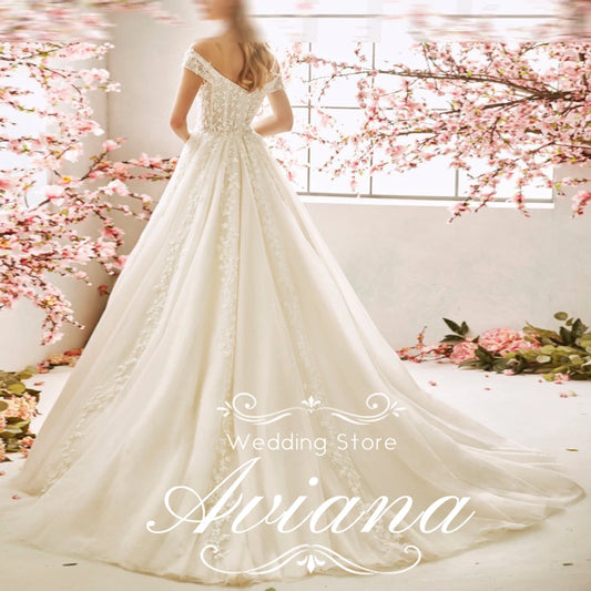 Aviana Customized Off Shoulder A-Line Sweep Train Pleats Ruching 3D Flowers Sleeveless Sweetheart Backless Empire Satin Woman