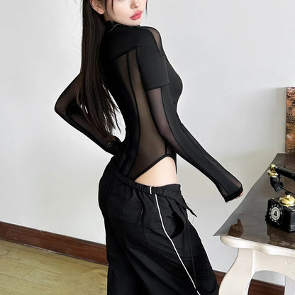 See Through Mesh Splicing Sexy Bodysuit Lingerie One-pieces Y2k Clothes Long Sleeve Body Feminino Hot Tops For Women Rave Outfit